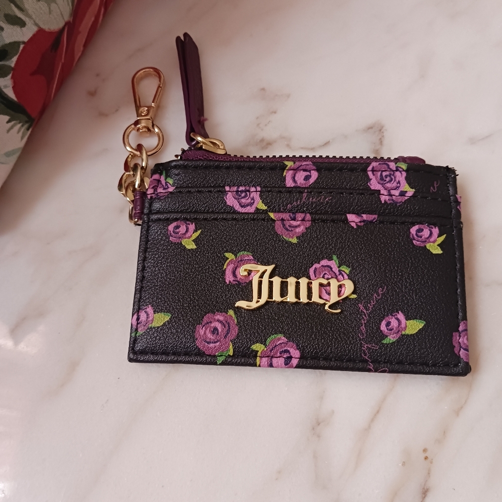 NWOT Juicy Couture Roses Card Holder, Faux Leather Tiny Zipped Wallet